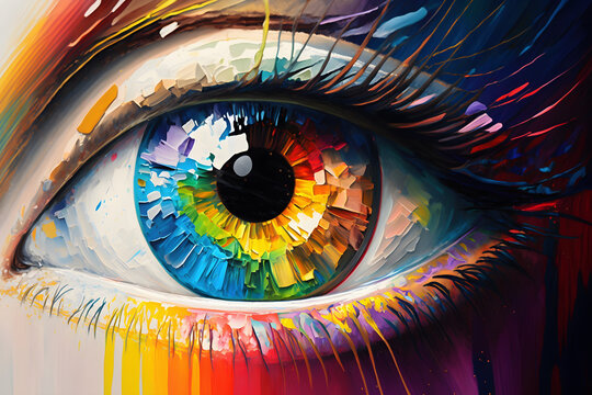 Conceptual abstract picture of the eye. Oil painting in colorful colors. Conceptual abstract closeup of an oil painting - Generative AI