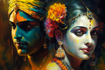 The Love of Radha and Krishna abstract oil painting