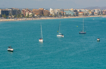 Fototapeta na wymiar boats in bay on the Mediterranean Sea. Mediterranean landscape. Peniscola Espana.