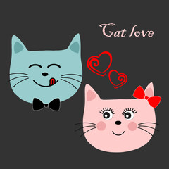 Funny muzzles of cats depict love. A cat in a bow tie and a cat with a bow on her ear. Vector.
