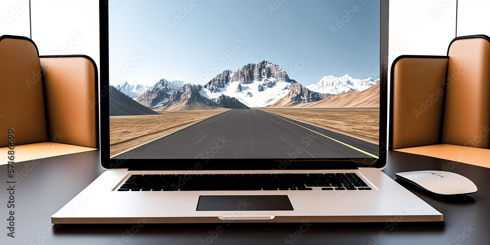 Poster a laptop with a blank screen sits on a desk. - generative ai