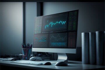 Fototapeta premium ﻿A computer monitor with a keyboard and mouse on a desk - Generative AI