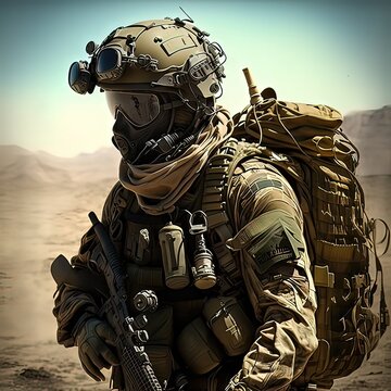 Elite soldier in a closed helmet. Military conflict, soldier in full camouflage suit, dominance of green colors, high resolution, art, generative AI