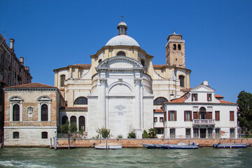 Fototapeta na wymiar Beautiful view of the Church of San Jeremiah located on the banks of the Canal Grande, on the island of Canaggio in Venice, Italy