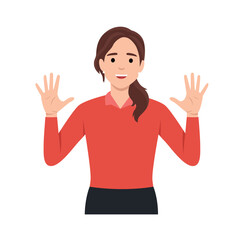 Young woman Character raise her hands to show the count number 10. Flat vector illustration isolated on white background