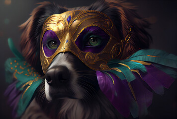 dog in a mardi gras carnival mask, generative ai - obrazy, fototapety, plakaty