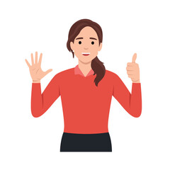 Young woman Character raise her hands to show the count number 6. Flat vector illustration isolated on white background