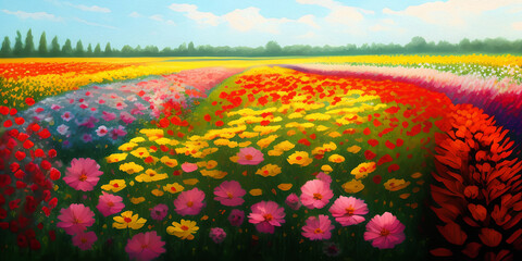 Flower Field, Oil Paint, Generative AI Illustration