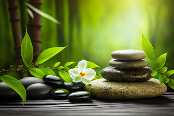 Background with zen stones and green bamboo - obrazy, fototapety, plakaty