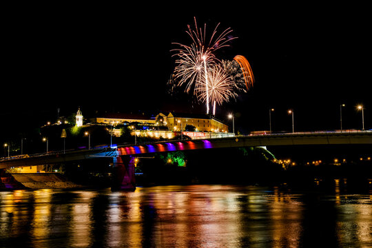 Fireworks in Novi Sad, Serbia. Opening of the Exit festival in Novi Sad.