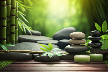 Fototapeta na wymiar Background with zen stones and green bamboo