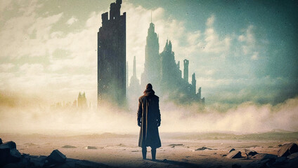 Fototapeta premium An elegant man facing a post-apocalyptic cityscape, with skyscrapers, in the style of Caspar David Friedrich - generative ai