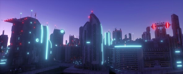 Naklejka na ściany i meble Neon urban future. Panorama of a futuristic city. Wallpaper in a cyberpunk style. 3D illustration. Huge futuristic skyscrapers glowing with neon light against the background of the purple night sky.