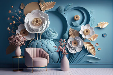 3d mural wallpaper with simple floral painting light blue background