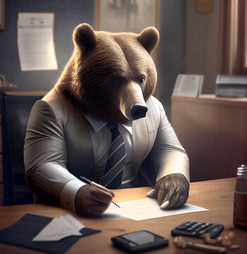 Stressful Bear with business suit in the office during recession. Illustration with Generative AI