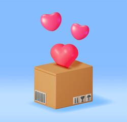 3D Cardboard Box with Hearts Inside. Open Carton Package with Love Heart Shapes. Donate Money, Charity, Save Money Concept. Cargo, Delivery and Transportation. Vector Illustration