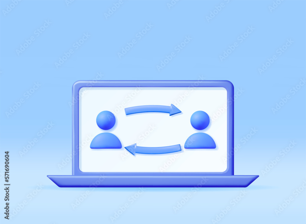 Poster 3d user sync or switch symbol in laptop. render user exchange, synchronization or file transfer. use