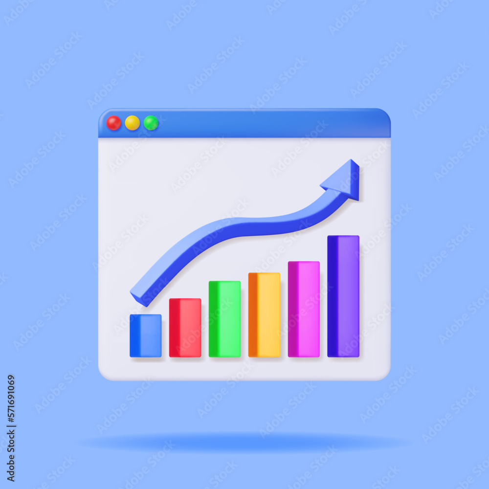 Poster 3d growth stock chart and arrow in browser window. render stock arrow with money on monitor shows gr