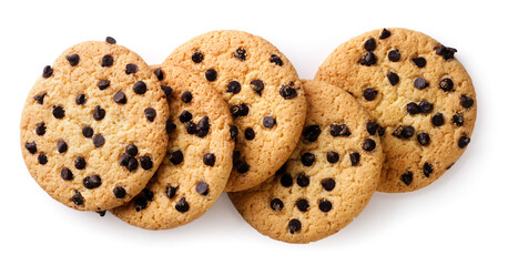 Chocolate chip cookies scattered on a white background.Top view