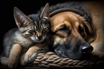 Cat and dog sleeping together. Kitten and puppy taking nap. Home pets. Animal care. Love and friendship. Domestic animals generative ai