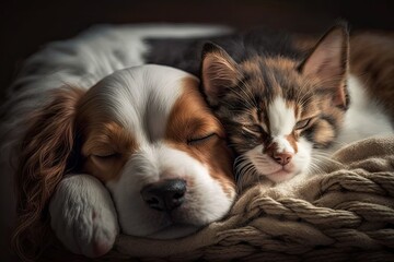 Fototapeta na wymiar Cat and dog sleeping together. Kitten and puppy taking nap. Home pets. Animal care. Love and friendship. Domestic animals generative ai