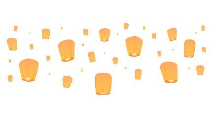 Sky lanterns isolated on white background paper flying lantern lights with flame floating lamps diwali festival. Chinese New Year, loy Krathong Day vector illustration.