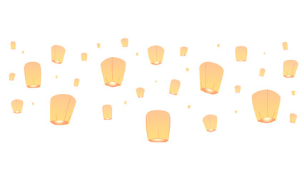 Sky lanterns isolated on white background paper flying lantern lights with flame floating lamps diwali festival. Chinese New Year, loy Krathong Day vector illustration.