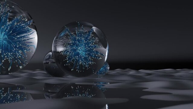 magic crystall ball, abstract art of surreal glass balls with geometric flowers inside, blue gradient neon lights, organic curve round bio forms, abstract futuristic space designs, 3d render