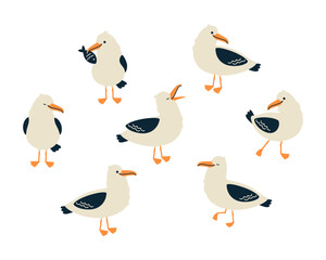 Cute seagull characters set. Isolated on white background. Cartoon hand drawn vector illustration. - 571692002
