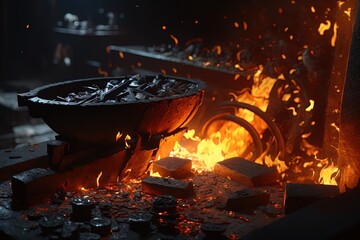 Closeup of a forge with embers and sparks.
