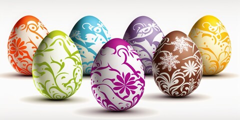 Easter decorated eggs stand in a white background. Decorative easter concept Easter card
