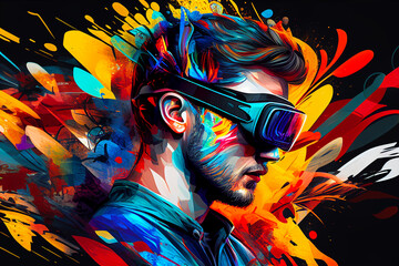 Fashion illustration of a man in virtual reality glasses. Colorful background. Generative AI