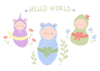 card with three cute newborn babies in funny outfits. Birth of triplets. With the inscription hello world
