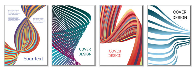 Obraz premium A set of 4 abstract covers. Wavy parallel gradient lines, ribbons evolve. Cover design, background. Trendy banner, poster.