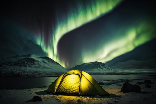 A glowing yellow camping tent under a beautiful green northern lights aurora. Travel adventure landscape background Generative AI