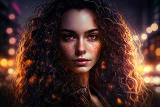 Artistic portrait of a beautiful girl. gorgeous brunette, portrait in the lights of the night city. Fashion portrait of a young beautiful woman with long dark curly hair. AI