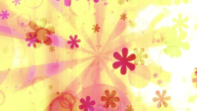 Happy hippie retro flowers and soft yellow and magenta pink colors loop