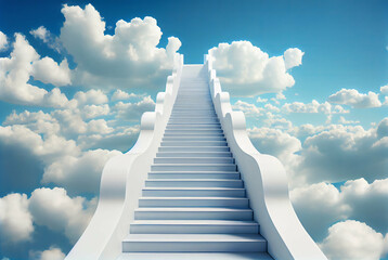 A straight white staircase to the cloud concept background. Generative AI digital art.