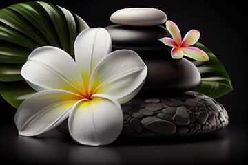 Spa resort banner with black hot massage stones plumeria flower and monstera leaf. Generative AI digital art.
