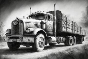 Naklejka na ściany i meble pencil sketch of truck in black and white pencil and pen, ai