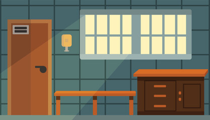 prison cell, punishment cell, prison, detention room with barred windows. Cartoon simple flat background, vector graphics.