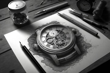 pencil sketch of watch with gears on table with black and white pencil and pen, ai