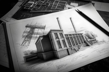 Factory building pencil sketch on table with black and white pencil and pen, ai