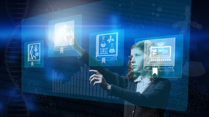 Preteen schoolgirl touching digital screen with different educational directions