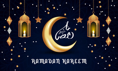Obraz na płótnie Canvas Ramadan kareem greetings islamic occasion background with arabic caligraphy, crescent moon, lanterns, stars, ornamental decorative background