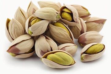 Pile of pistachios in the peel close-up on a white background. Isolated generative ai