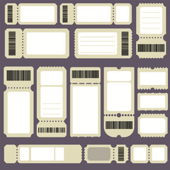 Blank Ticket template set. Concert ticket, lottery coupons. Vector