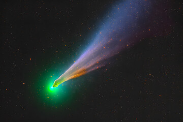 Obraz premium Comet with a bright coma head with a green tail in the depths of space among the stars. Generative AI