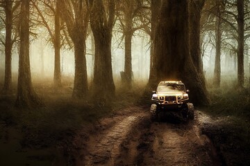 Fototapeta na wymiar The 4x4 off-road car is stucked on wet muddy terrain route in the forest, an adventure scene. Generative Ai image