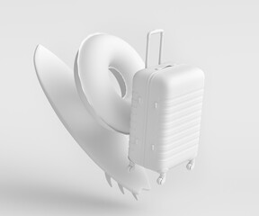 Luggage with beach ring and surf board on monochrome background.